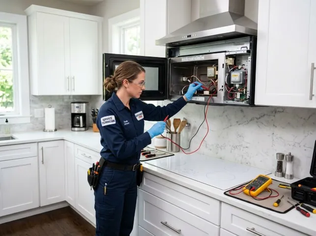 Appliance Repair Hero technician testing an over-the-range microwave in a Angier, NC kitchen